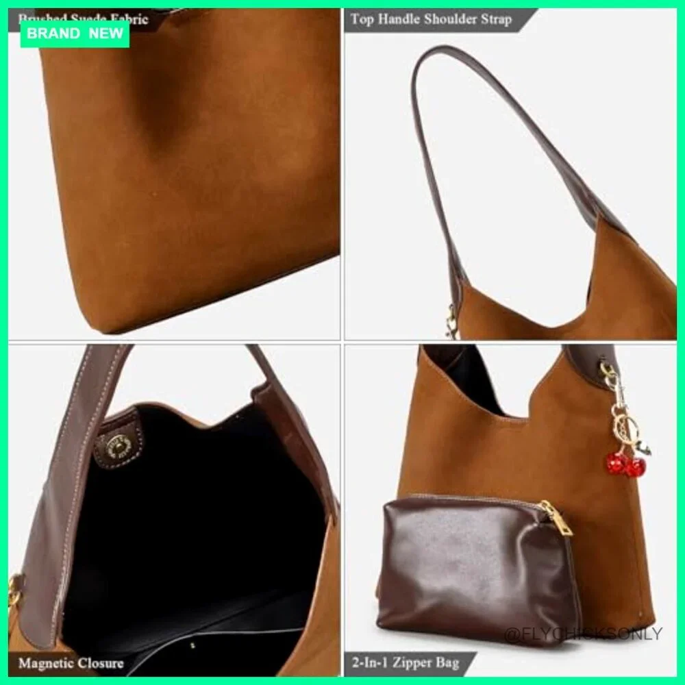 Faux Suede Hobo Shoulder Bag Slouchy Tote Medium Size Magnetic Closure